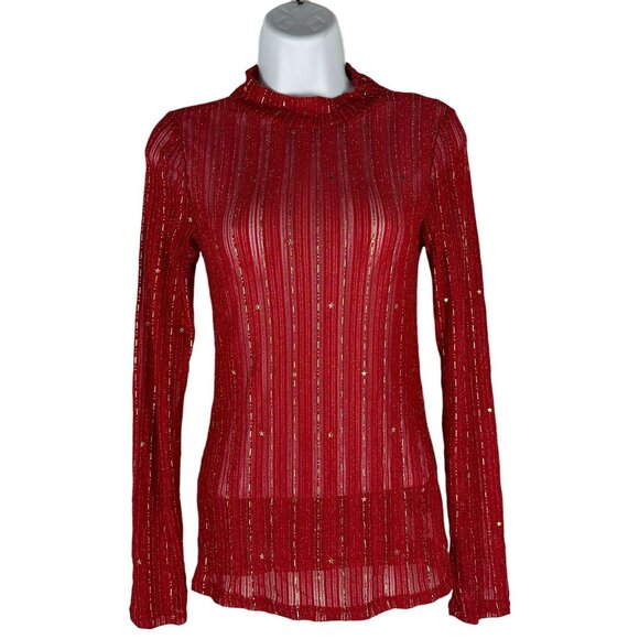 Blueb Collection Red Long-Sleeve Sheer Top With Gold Accents - Size S - Picture 1 of 6